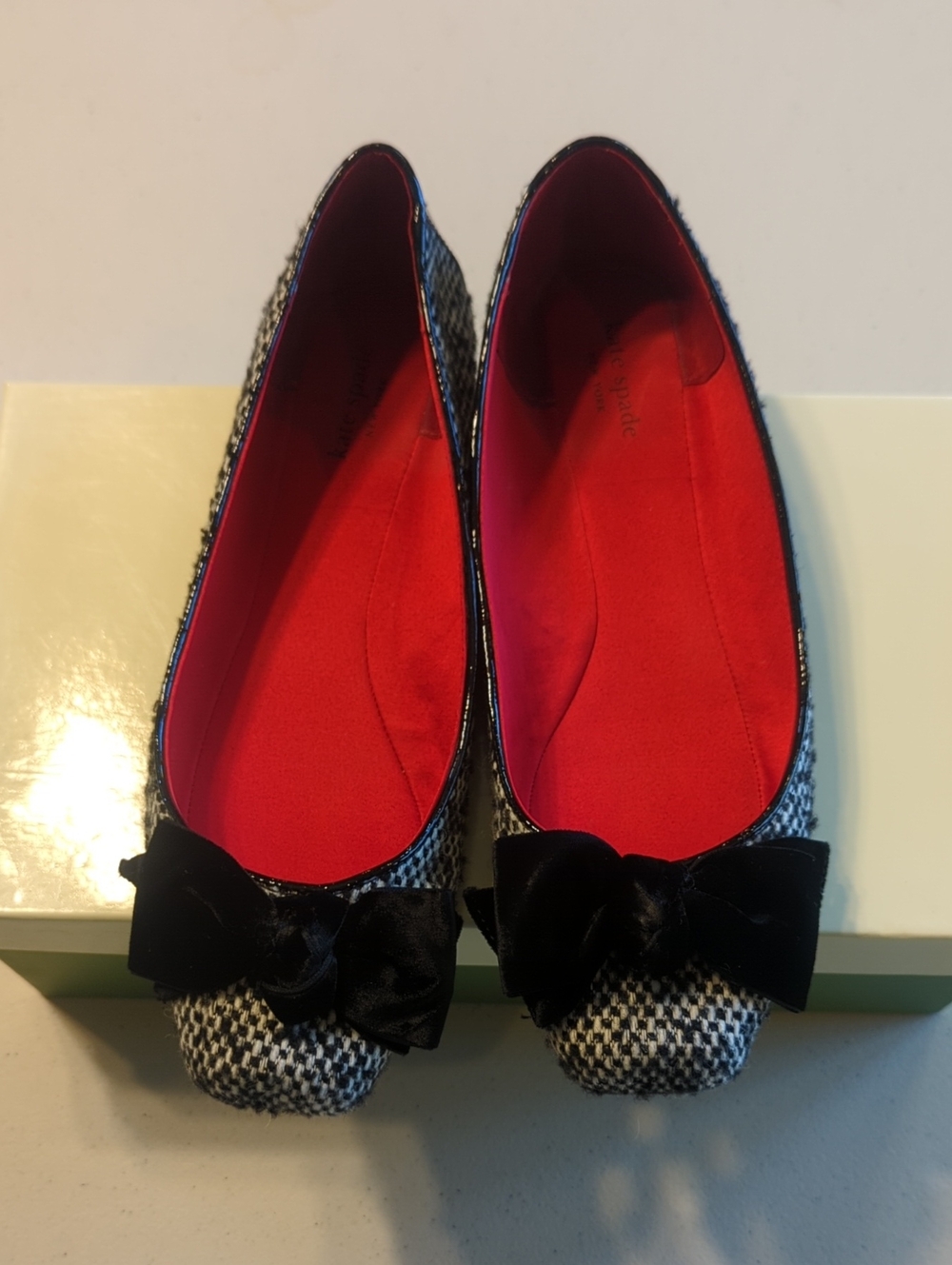 kate spade Black & White Tweed Ballet Flats with Black Bow